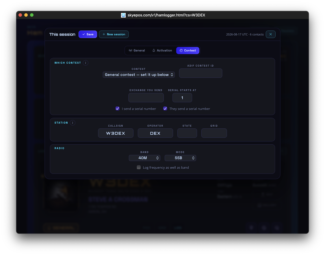 Contest logging in the SKYe ham logger