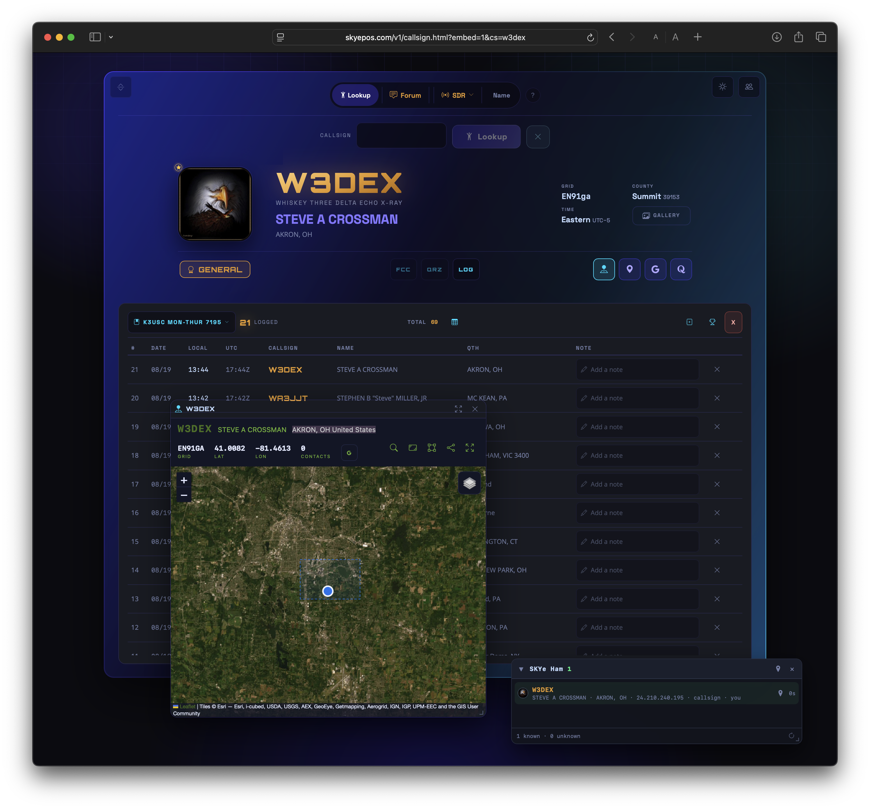The SKYe callsign lookup console